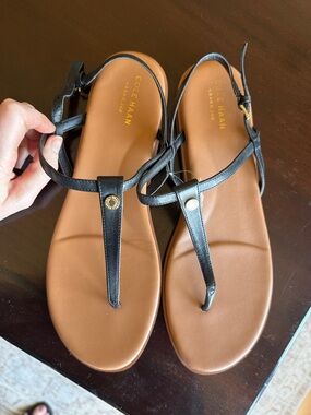 Cole Haan Black Leather T-Strap Sandals with Tan Footbed